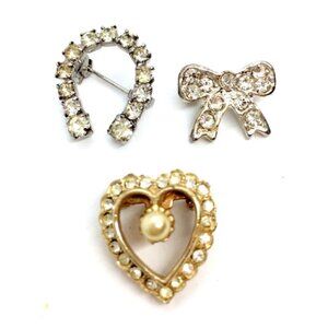 3/$30 BUNDLE VINTAGE HEART BOW HORSESHOE RHINESTONE PINS SET 3 SILVER GOLD TONE
